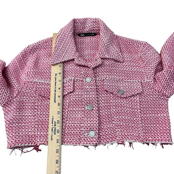 Zara Tweed Cropped Jacket Small Cutoff Frayed Coquette Pink White Preppy Button - Picture 7 of 7